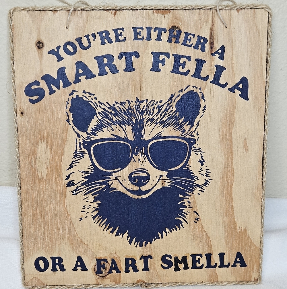 "Smart Fella Or Fart Smella" Raccoon Wood Wall Art - Handcrafted